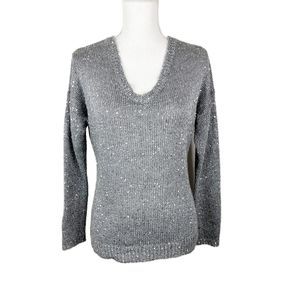 Reiss Sweater Women Extra Small Grey Sequin Pullover V-Neck Oversized Sparkly